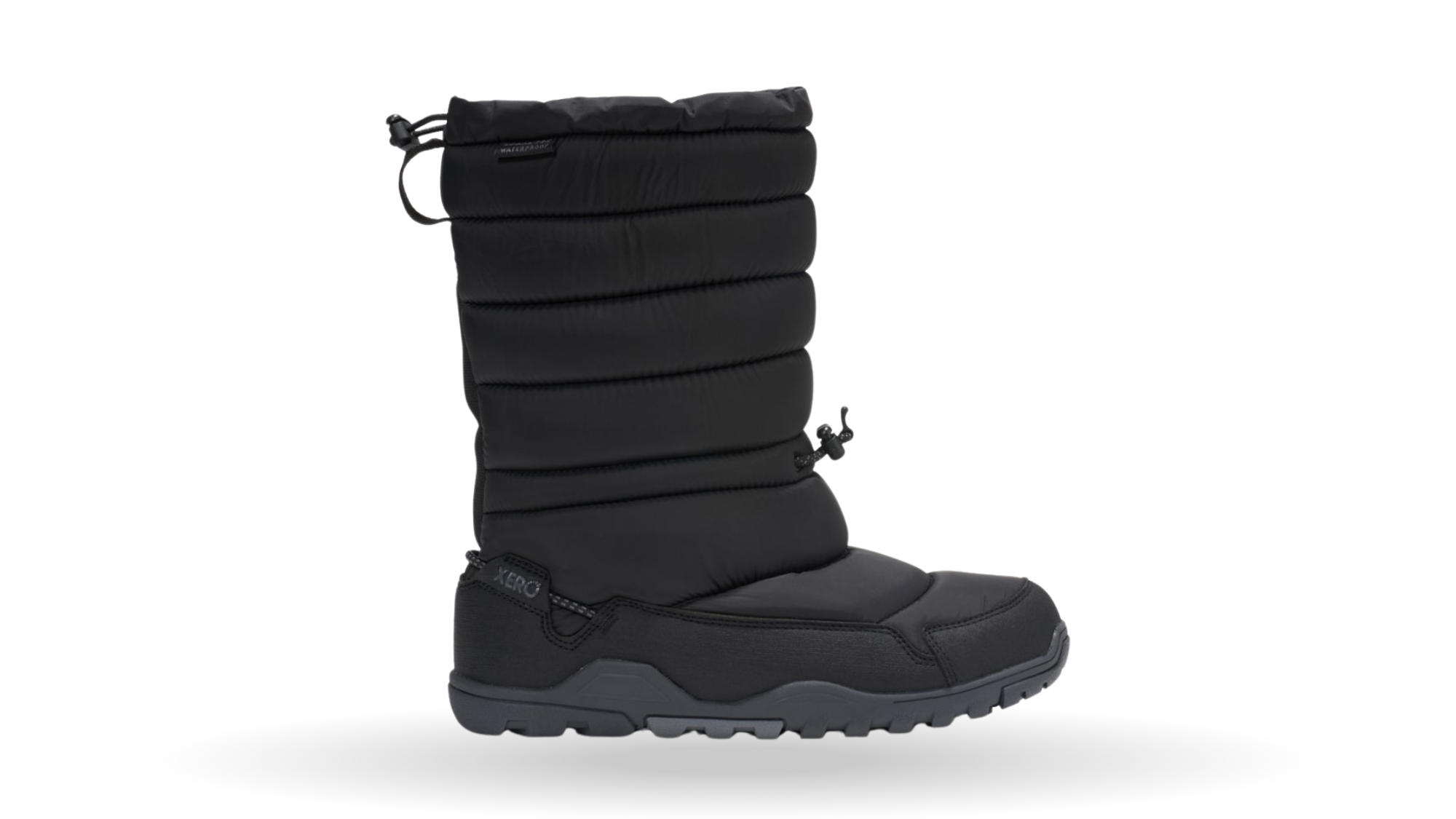 Barfußwinterstiefel als Einzelschuh, geschlossene Zehen und geschlossener Fersenbereich, Kordelzug am Schaft, profilierte Sohle, Seitenansicht außen