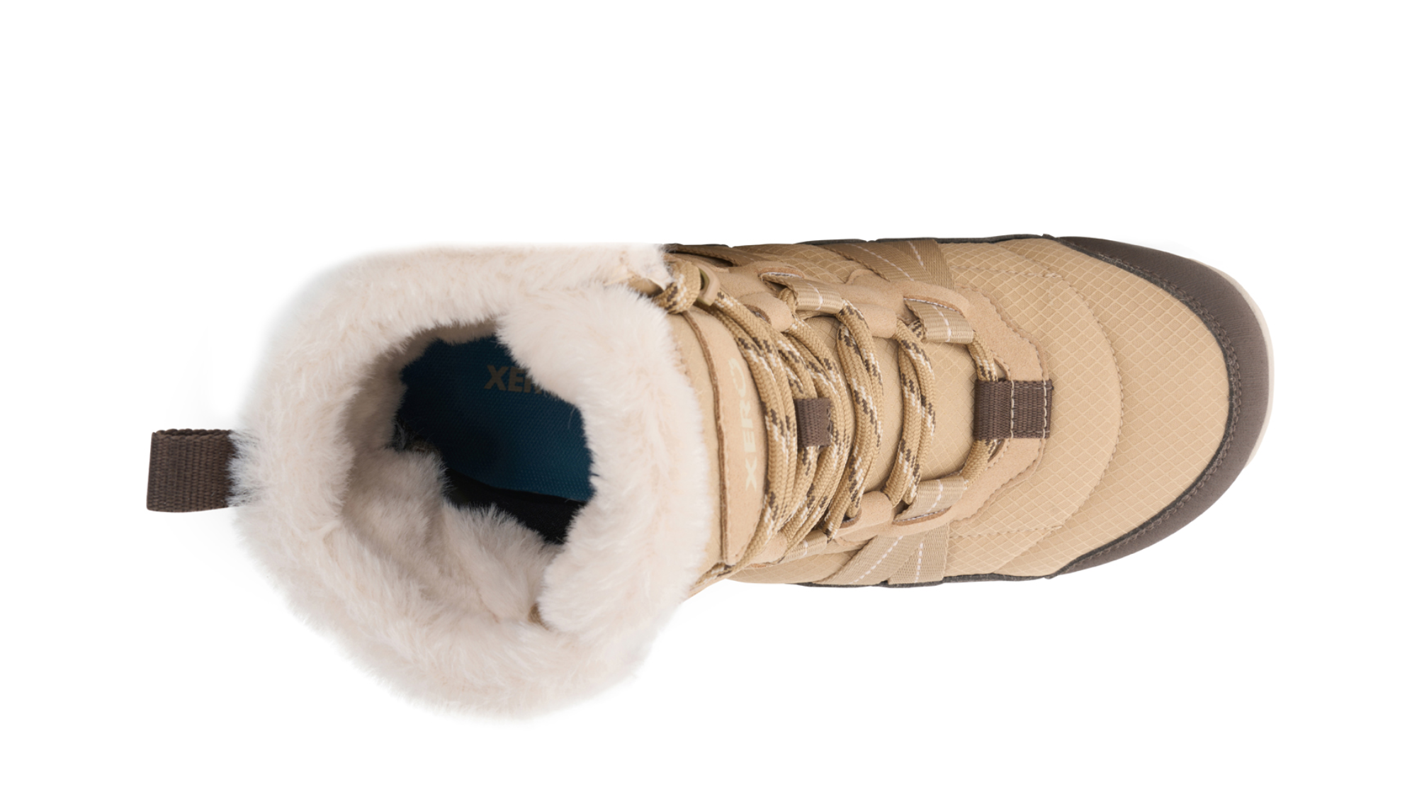 Barfußwinterstiefel, geschlossene Zehen und geschlossener Fersenbereich, Schnürung mit Ösen, profilierte Sohle, Einzelschuh, Draufsicht