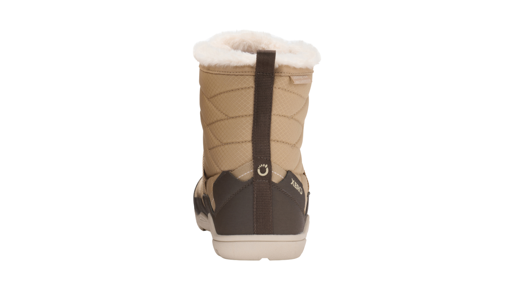 Barfußwinterstiefel, geschlossene Zehen und geschlossener Fersenbereich, Schnürung mit Ösen, profilierte Sohle, Einzelschuh, Rückansicht