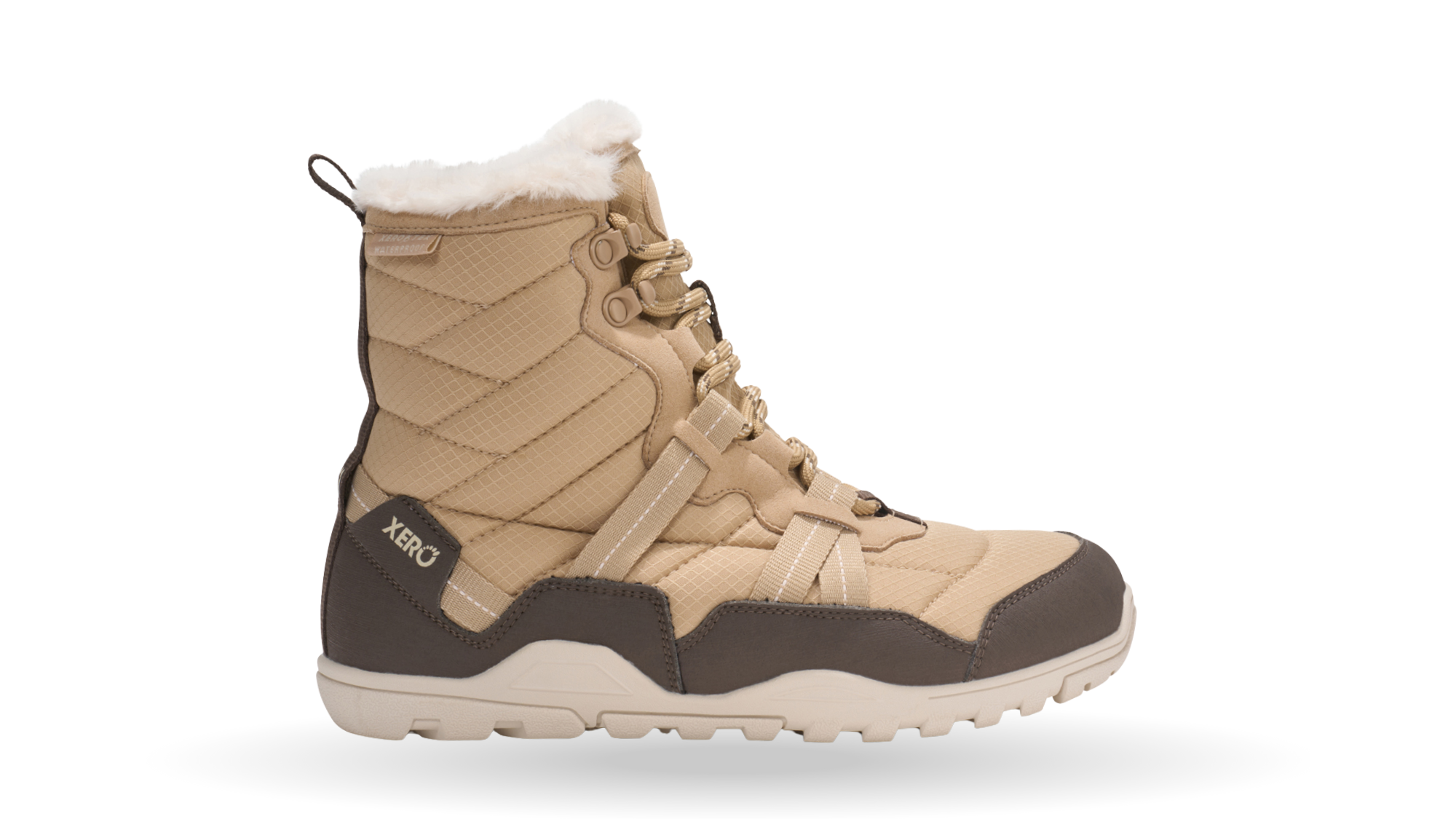 Barfußwinterstiefel, geschlossene Zehen und geschlossener Fersenbereich, Schnürung mit Ösen, profilierte Sohle, Einzelschuh, Seitenansicht außen