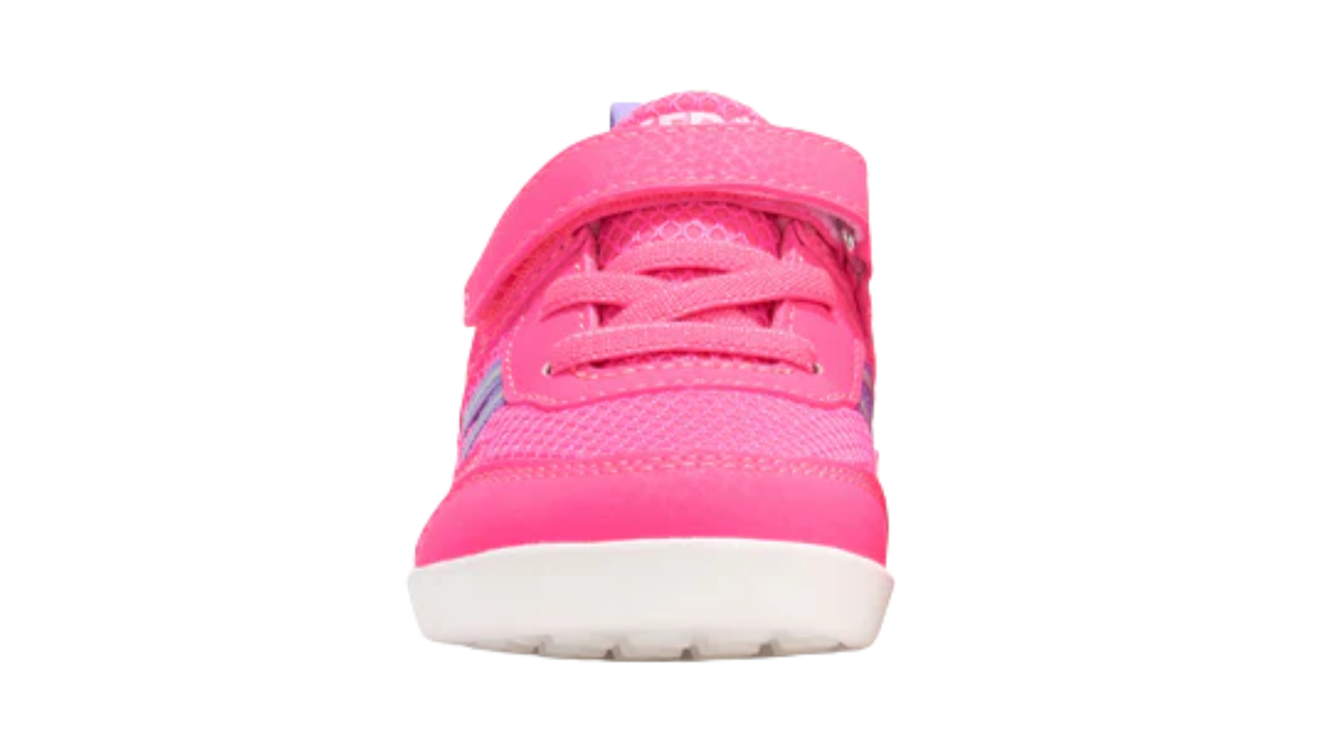 Barfußschuh für Kinder als Einzelschuh, geschlossene Zehen und geschlossener Fersenbereich, Klettverschluss und Schnürung, flexible Sohle, Vorderansicht