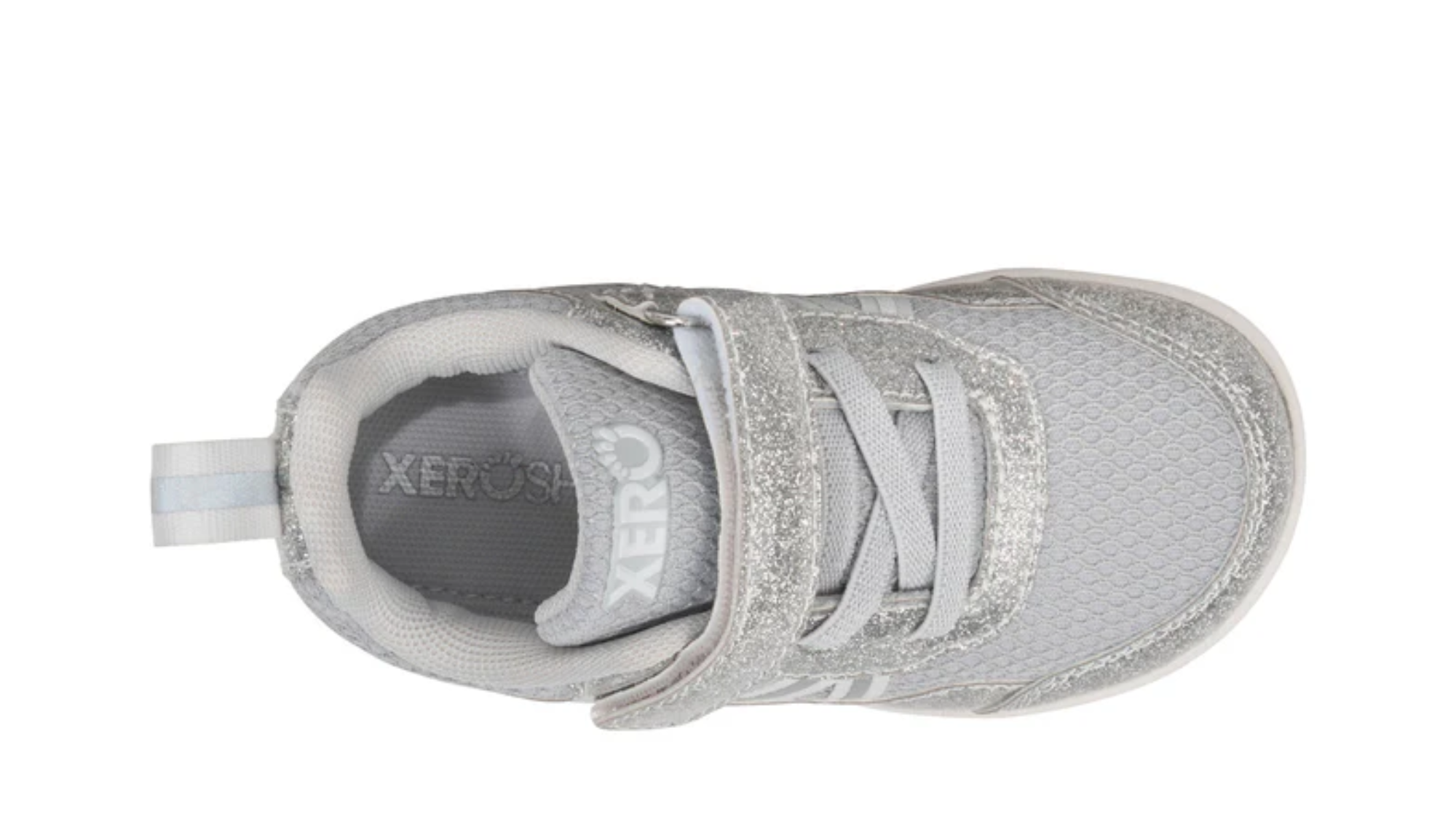 Barfußschuh für Kinder als Einzelschuh, geschlossene Zehen und geschlossener Fersenbereich, Klettverschluss und Schnürung, flexible Sohle, Draufsicht