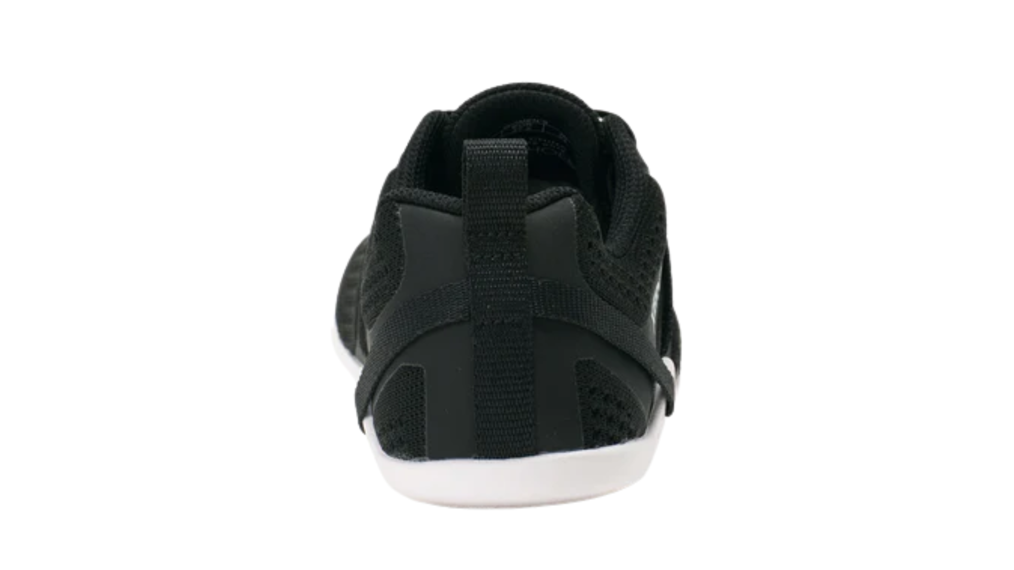 Barfußschuh mit Schnürung, breite Zehenbox, flexible Sohle, geschlossener Fersenbereich, Rückansicht, einzelner Schuh