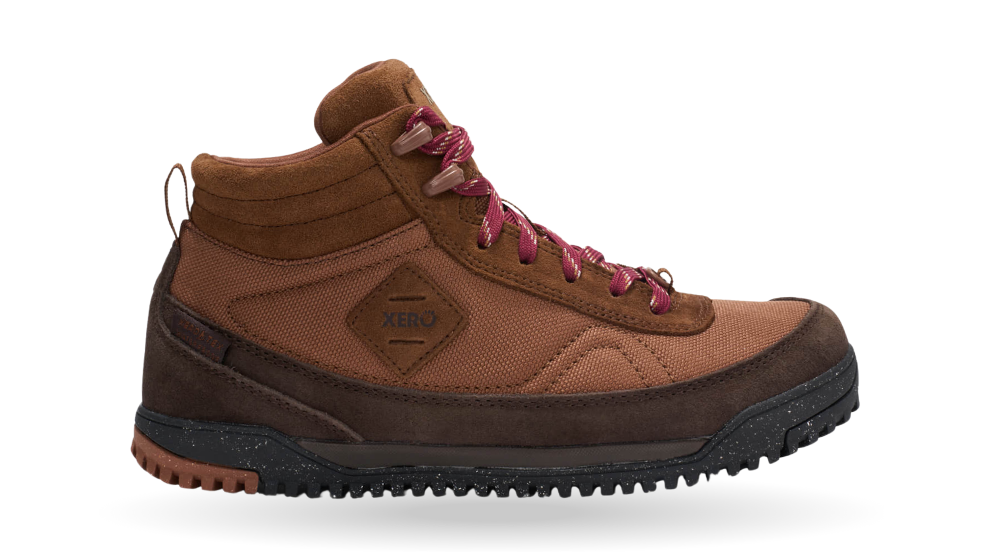 Barfußwanderstiefel, geschlossene Zehen und geschlossener Fersenbereich, Schnürung mit Ösen, profilierte Sohle, Einzelschuh, Seitenansicht außen
