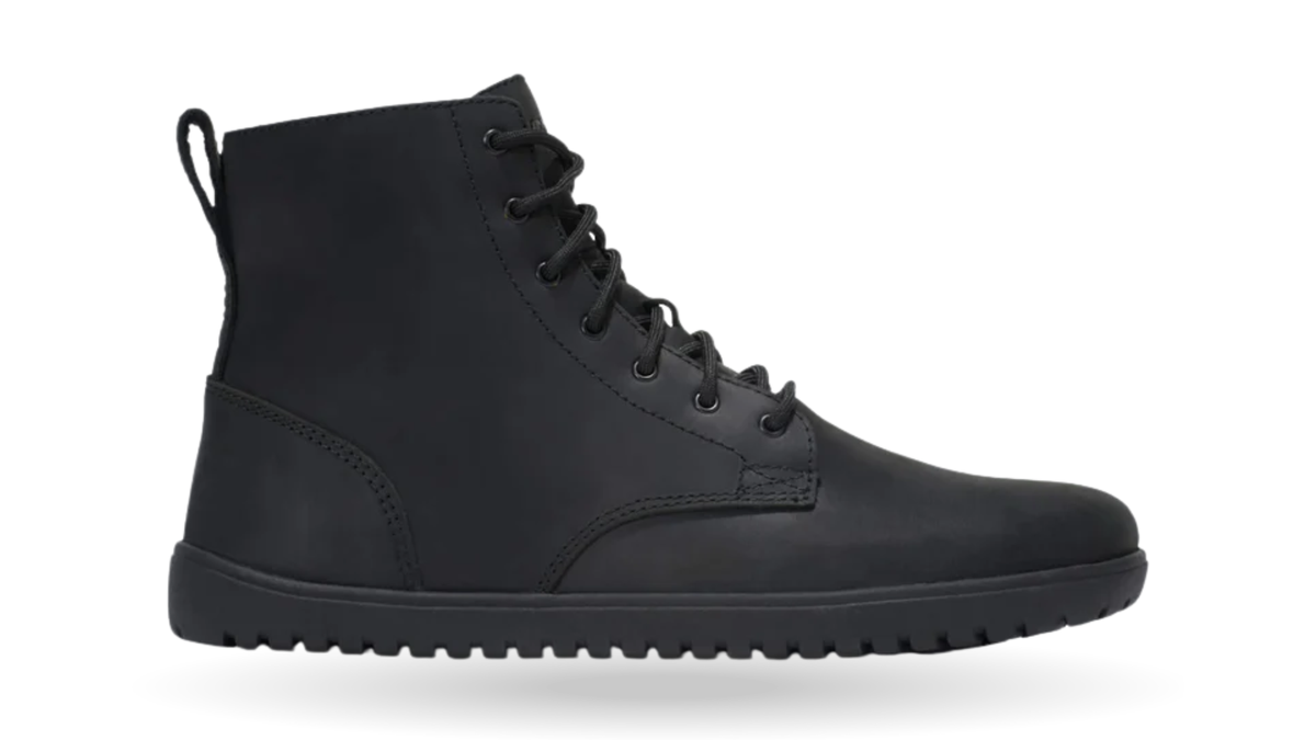 Barfußstiefel für Erwachsene mit Schnürung, breiter Zehenbox und profilierter Sohle, Seitenansicht außen