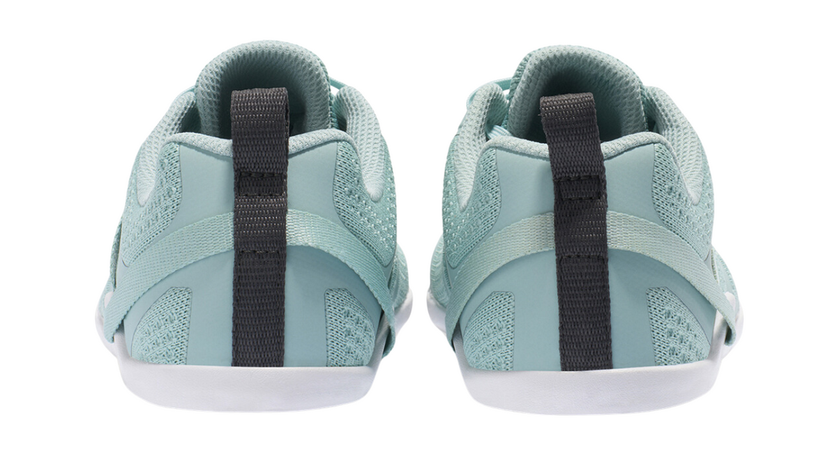 Barfußschuh mit Schnürung, breite Zehenbox, flexible Sohle, geschlossener Fersenbereich, Rückansicht als Paar