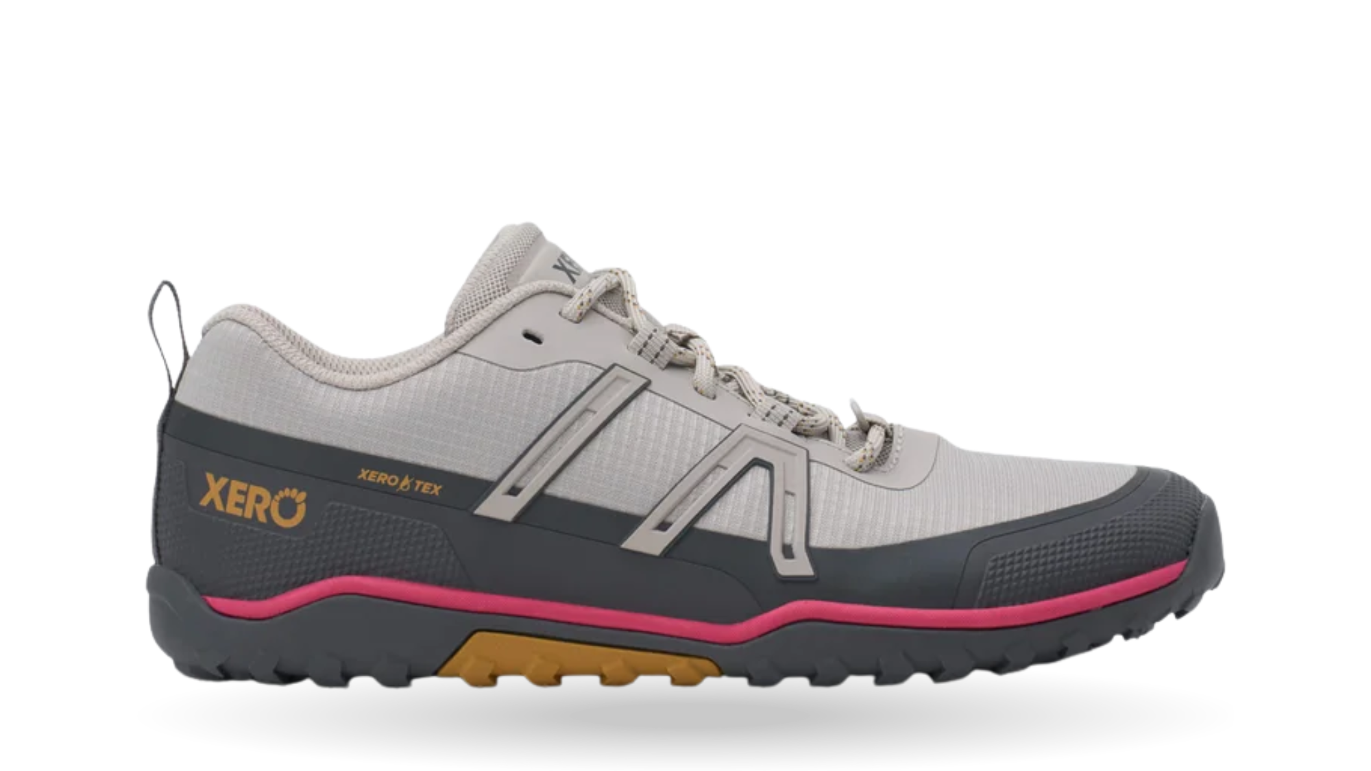 Barfußschuh als Einzelschuh, geschlossene Zehen und geschlossener Fersenbereich, Schnürung, profilierte Sohle, Seitenansicht außen