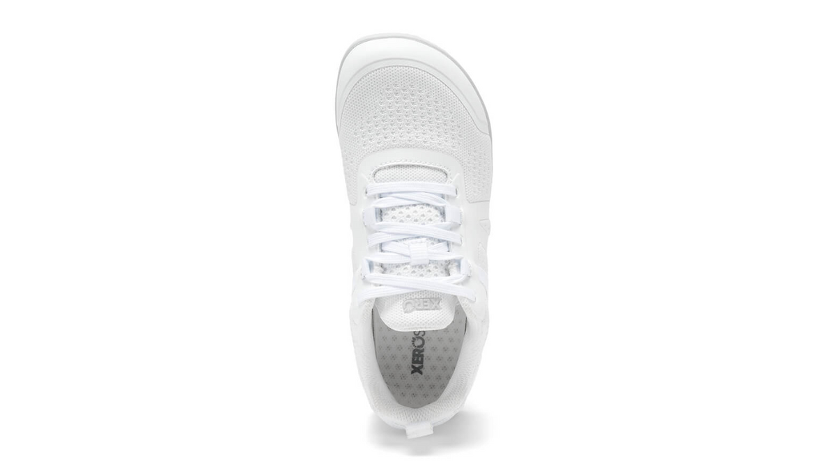 Barfußschuh mit Schnürung, breite Zehenbox, flexible Sohle, geschlossener Fersenbereich, Draufsicht, einzelner Schuh