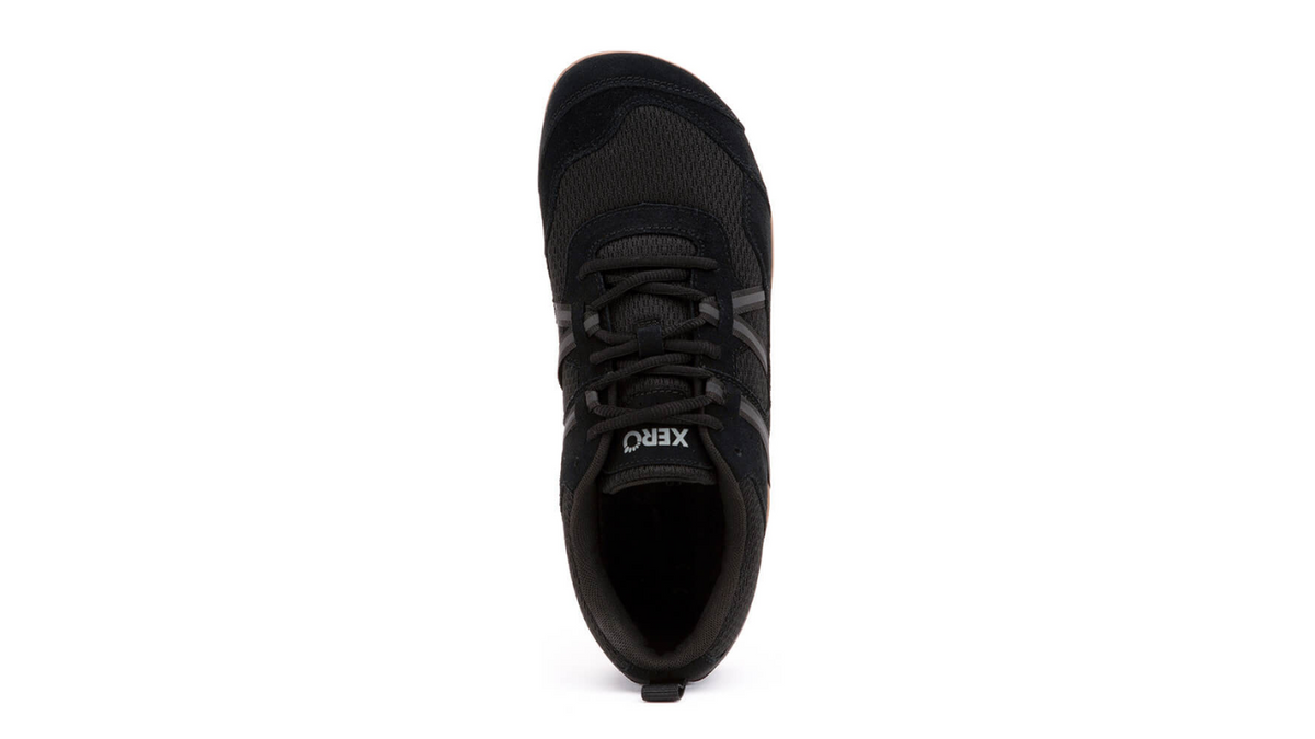 Barfußschuh mit Schnürung, breite Zehenbox, flexible Sohle, geschlossener Fersenbereich, Draufsicht, einzelner Schuh