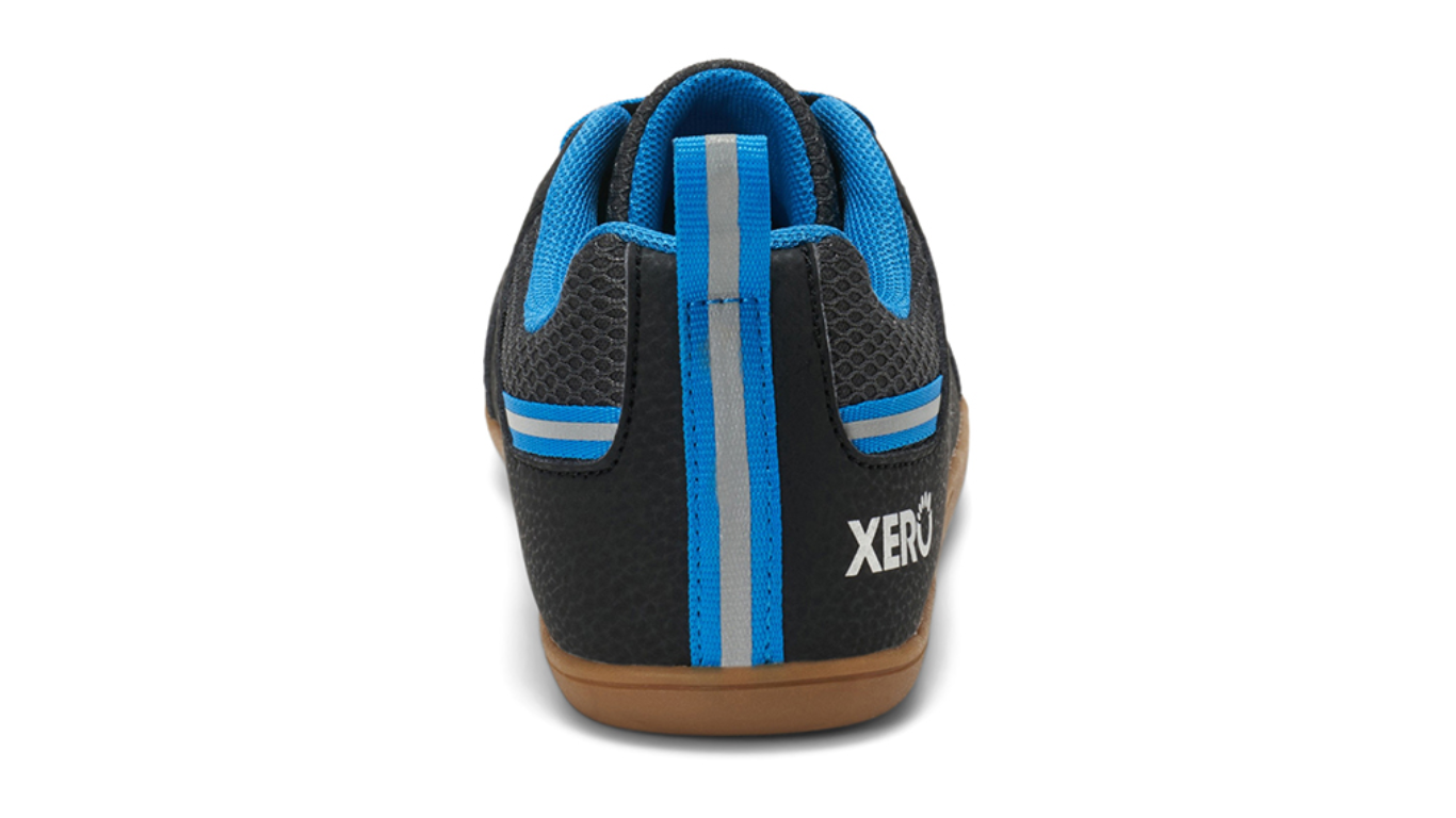 Barfußturnschuh für Kinder als einzelner Schuh, geschlossener Fersenbereich, Rückansicht.