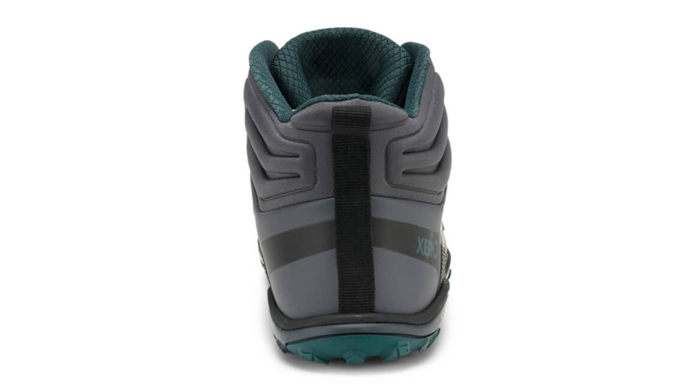 Knöchelhoher Barfußwanderschuh für Erwachsene als einzelner Schuh, geschlossener Fersenbereich, Rückansicht.