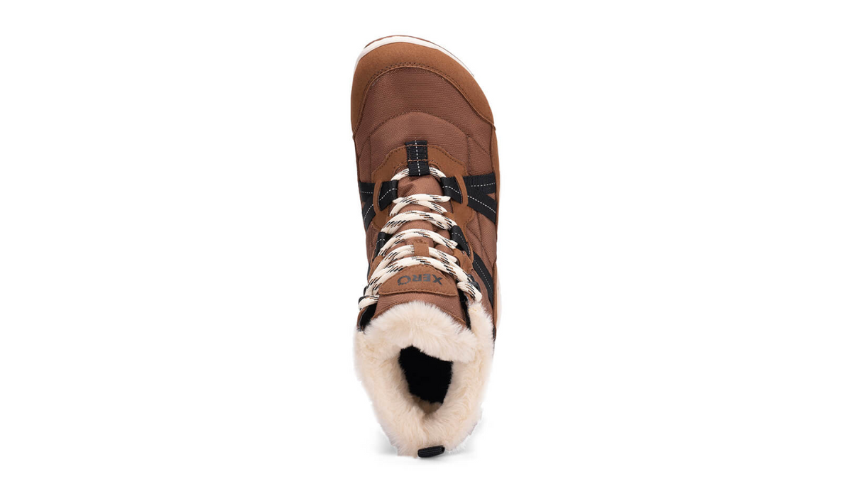 Barfußwinterstiefel, geschlossene Zehen und geschlossener Fersenbereich, Schnürung mit Ösen, profilierte Sohle, Einzelschuh, Draufsicht