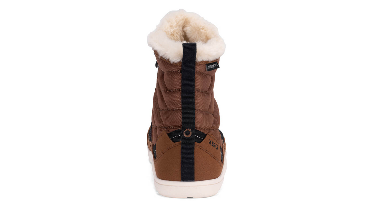Barfußwinterstiefel, geschlossene Zehen und geschlossener Fersenbereich, Schnürung mit Ösen, profilierte Sohle, Einzelschuh, Rückansicht