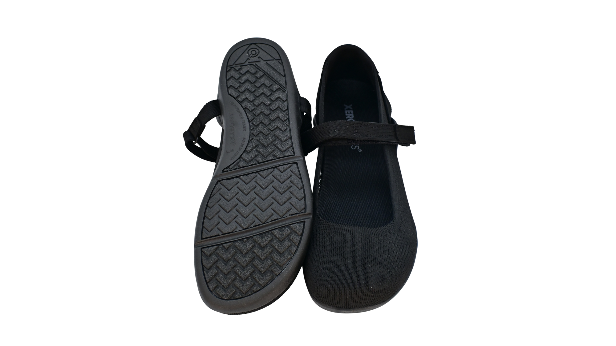 Barfußschuh, geschlossene Zehen und geschlossener Fersenbereich, Spannriemen mit Klettverschluss, flexible Sohle, Ansicht von unten und Draufsicht als Paar