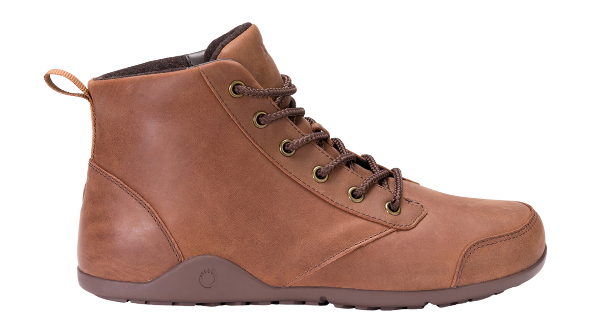 Barfußstiefel mit Schnürung, breite Zehenbox, flexible Sohle, geschlossener Schaft, geschlossener Fersenbereich, Seitenansicht außen, einzelner Schuh