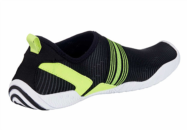 Barfußschuh, Seitenansicht innen. Geschlossener Schuh mit elastischem Spannband, flexible flache Sohle.