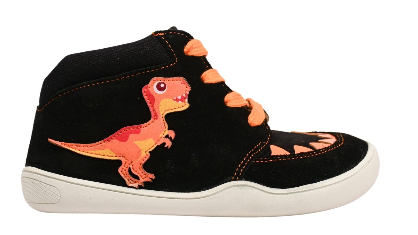 Kinder Barfußhalbschuh mit breiter Zehenbox, flexibler Sohle, Schnürung, geschlossene Zehen und geschlossene Ferse, Seitenansicht außen.