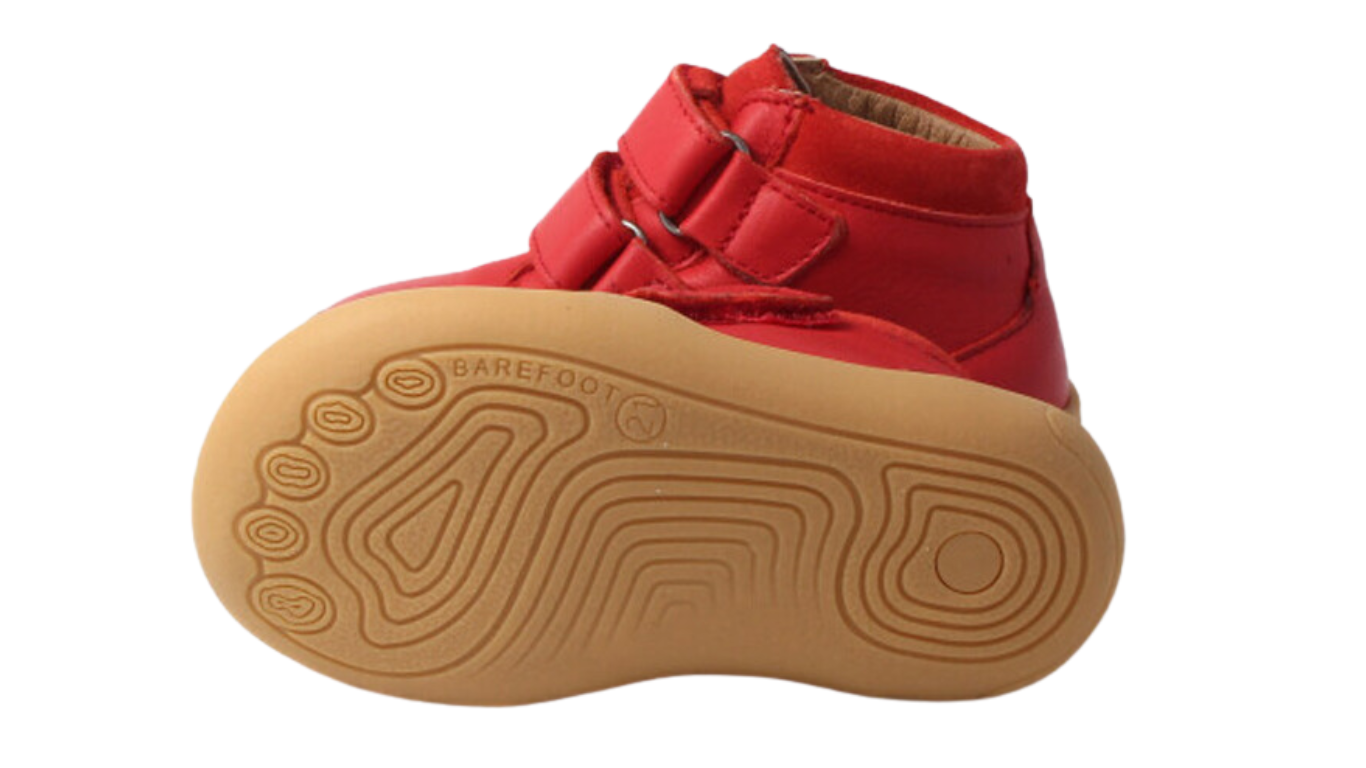 Knöchelhoher Barfußschuh für Kinder mit breiter Zehenbox, flexible Sohle, geschlossene Zehen, geschlossener Fersenbereich, Ansicht von unten