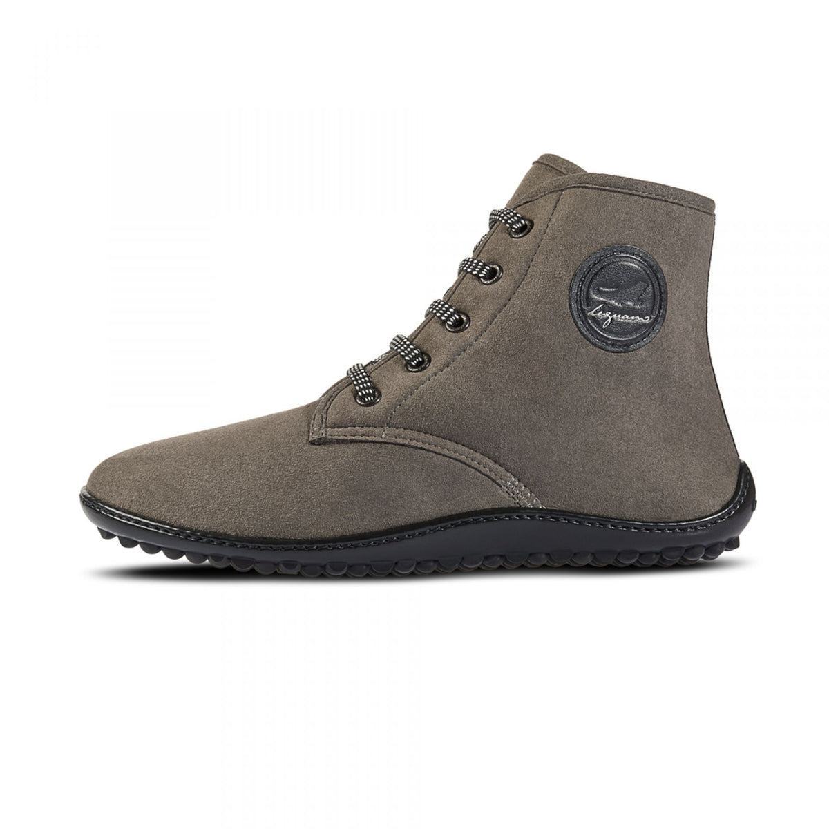 Barfußschuh mit Schnürsenkeln, geschlossener Zehenbox und geschlossenem Fersenbereich, flexible profilierte Sohle, Seitenansicht innen