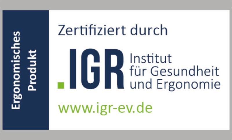 Zertifizierungssiegel IGR Institut für Gesundheit und Ergonomie, Text mit Webadresse, rechteckiges Logo, Draufsicht