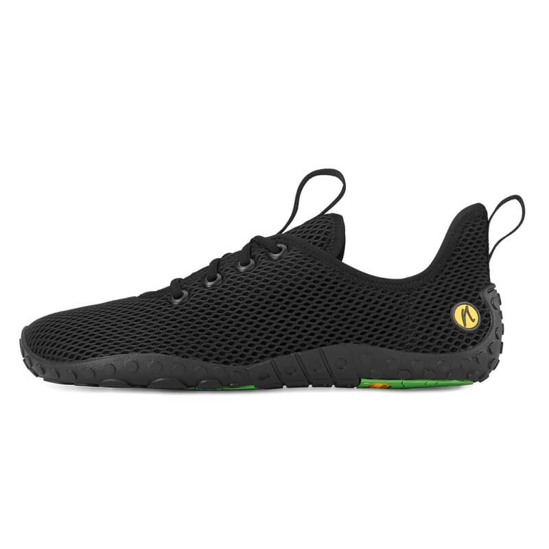 Barfußschuh mit Schnürung, geschlossener Zehenbox und geschlossenem Fersenbereich, profilierte Sohle, Seitenansicht innen