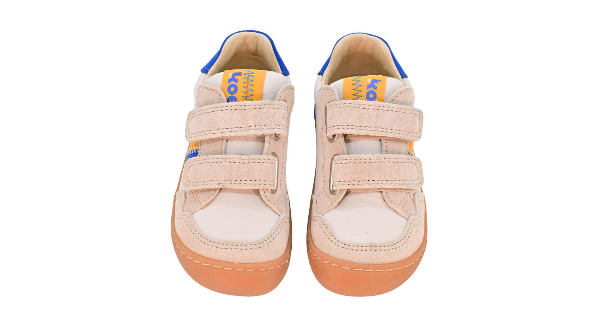 Barfußschuh für Kinder, geschlossene Zehenpartie, geschlossener Fersenbereich, zwei Klettverschlüsse, seitliche Streifen, Ziernähte im Seitenbereich, flache Sohle, Draufsicht als Paar