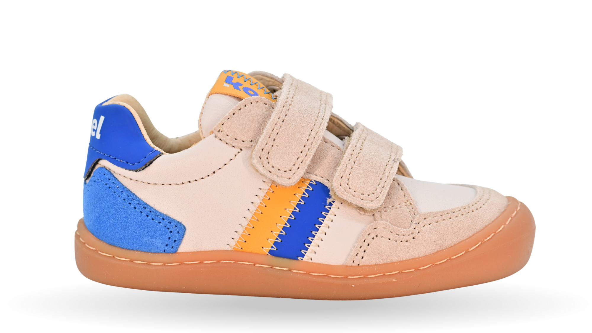 Barfußschuh für Kinder, geschlossene Zehenpartie, geschlossener Fersenbereich, zwei Klettverschlüsse, seitliche Streifen, Ziernähte im Seitenbereich, flache Sohle, Seitenansicht außen