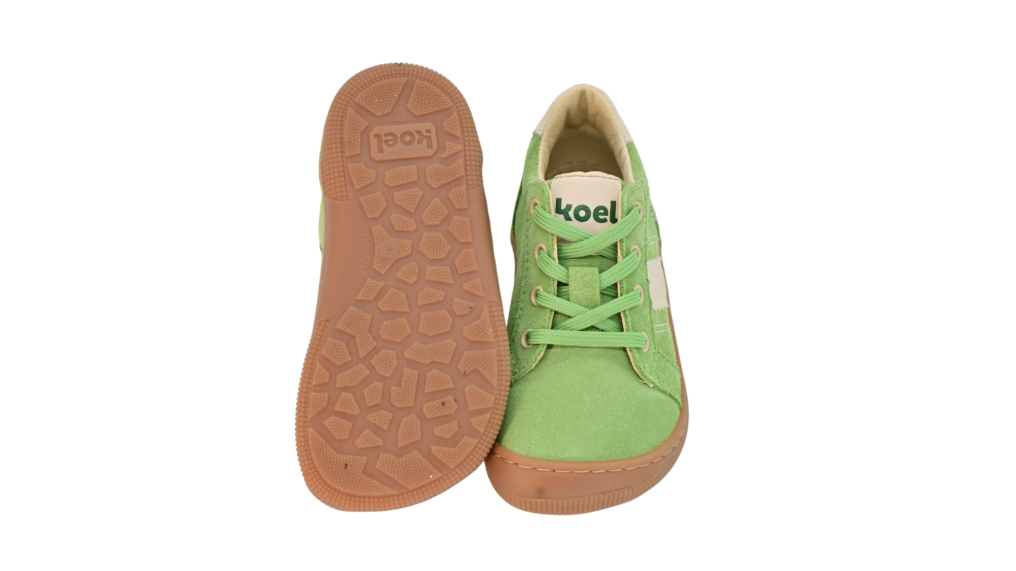 Barfußschuh für Kinder, geschlossene Zehenpartie, geschlossener Fersenbereich, Schnürung, seitliche Streifen, flache Sohle, Ansicht von unten und Draufsicht als Paar