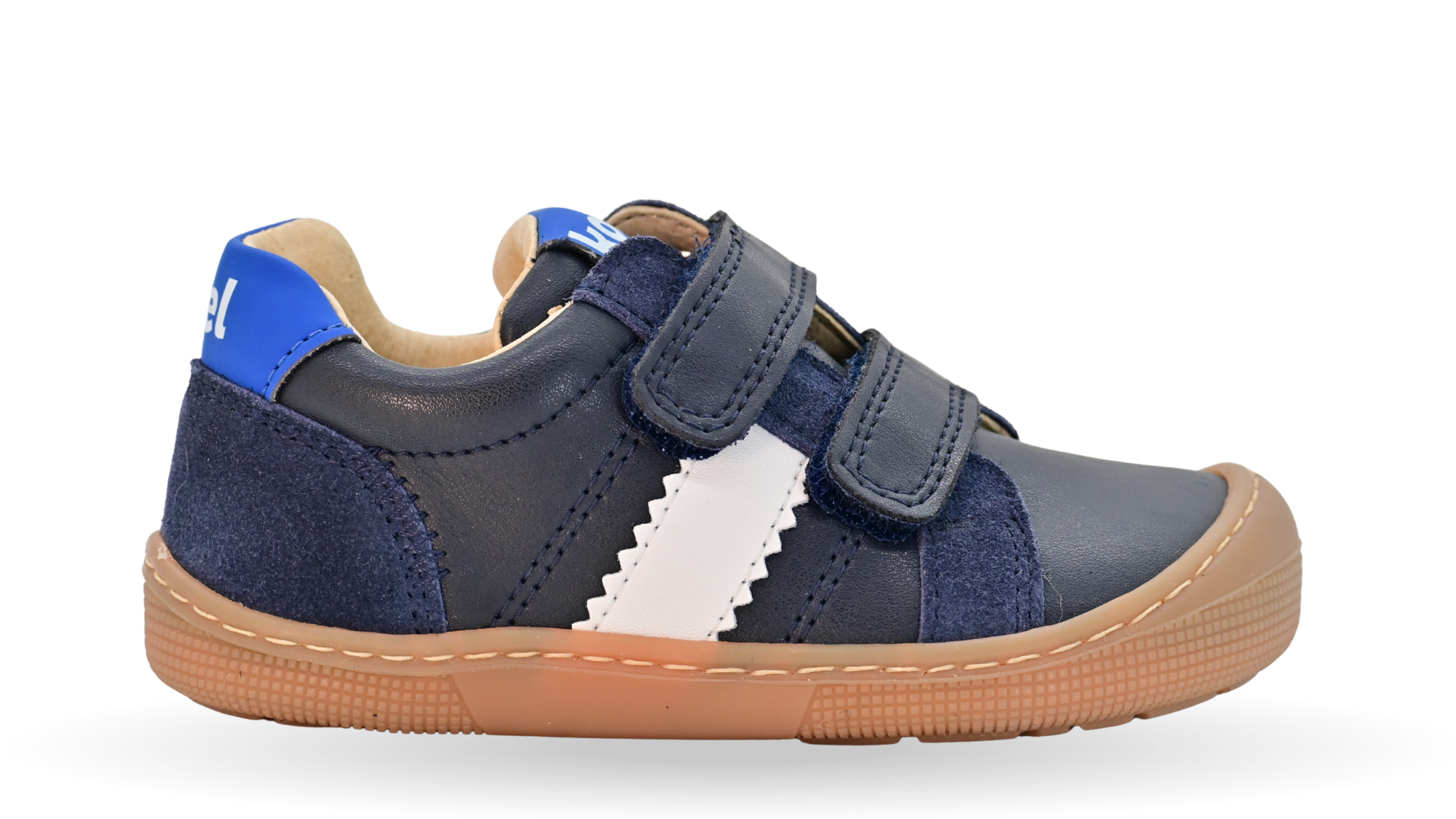 Barfußschuh für Kinder, geschlossene Zehenpartie, geschlossener Fersenbereich, zwei Klettverschlüsse, seitliche Streifen, flache Sohle, Seitenansicht außen