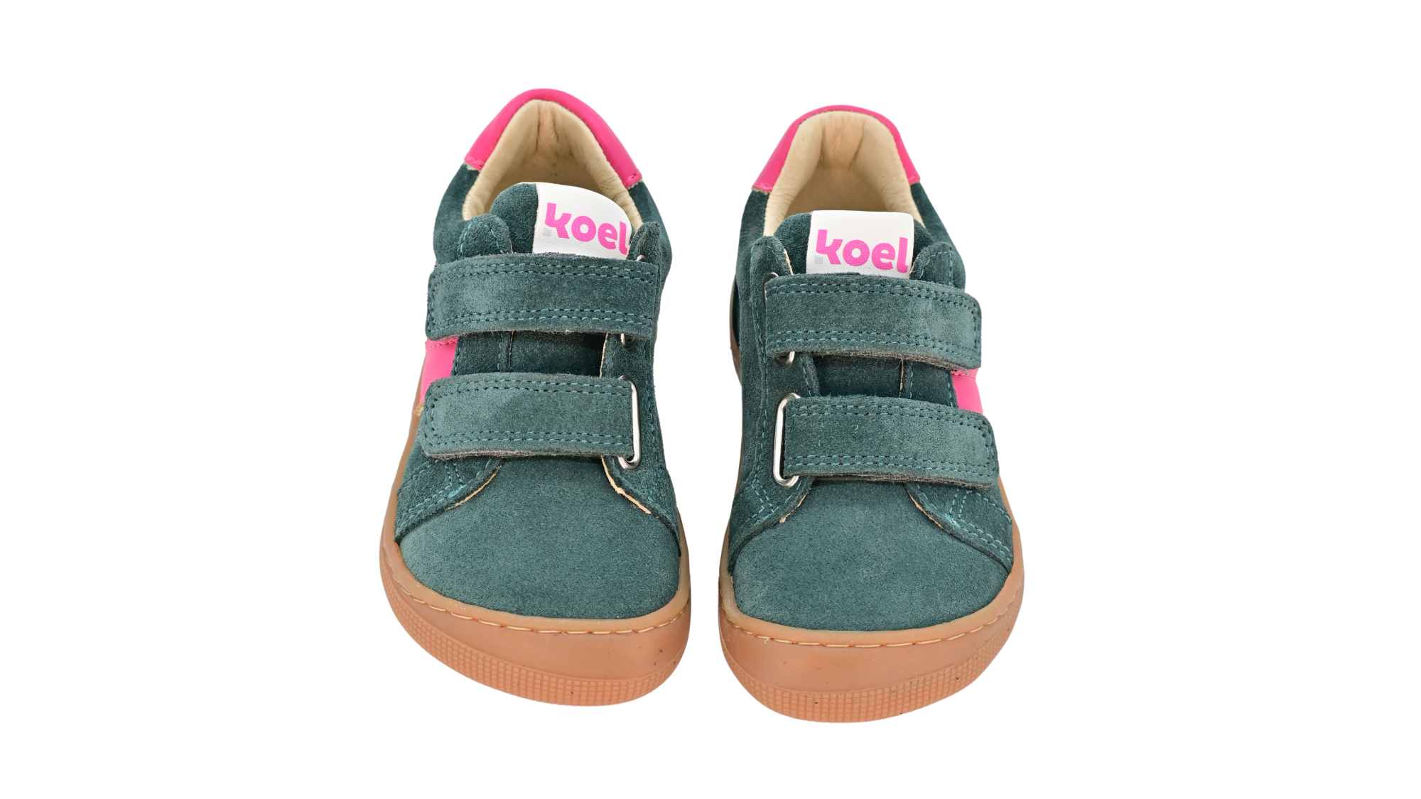 Barfußschuh für Kinder, geschlossene Zehenpartie, geschlossener Fersenbereich, zwei Klettverschlüsse, seitliche Streifen, flache Sohle, Draufsicht als Paar