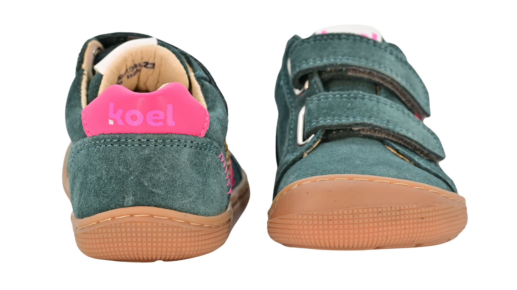 Barfußschuh für Kinder, geschlossene Zehenpartie, geschlossener Fersenbereich, zwei Klettverschlüsse, seitliche Streifen, flache Sohle, Rück- und Vorderansicht, Paar