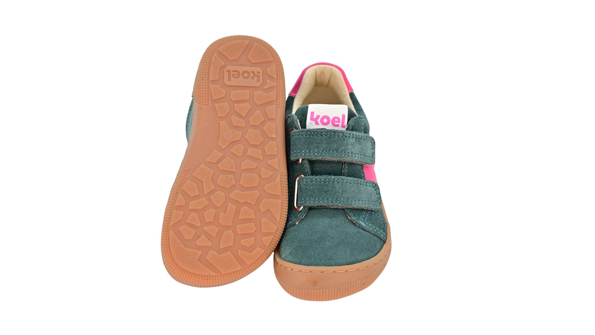 Barfußschuh für Kinder, geschlossene Zehenpartie, geschlossener Fersenbereich, zwei Klettverschlüsse, seitliche Streifen, flache Sohle, Ansicht von unten und Draufsicht