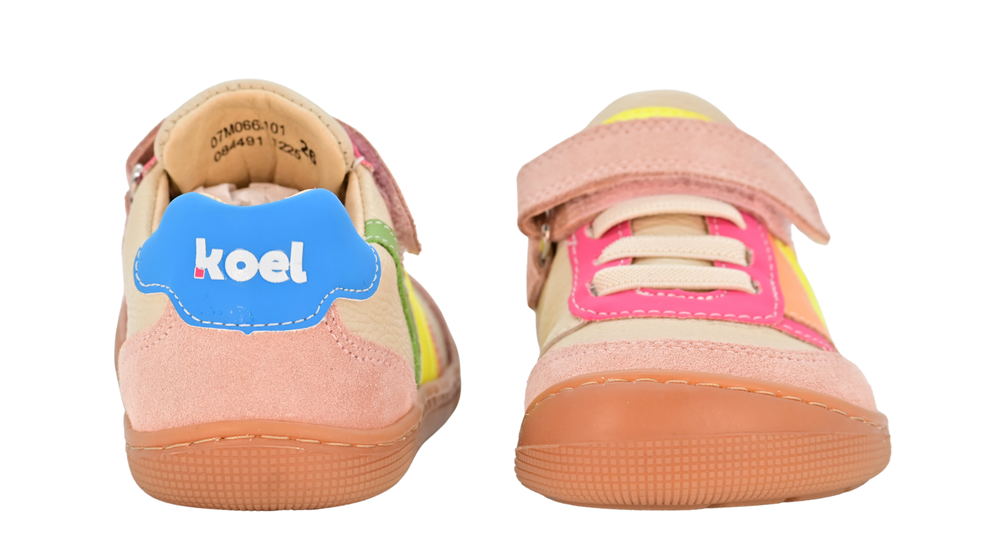 Barfußschuh für Kinder, geschlossene Zehenpartie, geschlossener Fersenbereich, Schnürung, Klettverschluss, seitliche Applikation in Sternform, flache Sohle, Rück- und Vorderansicht, Paar
