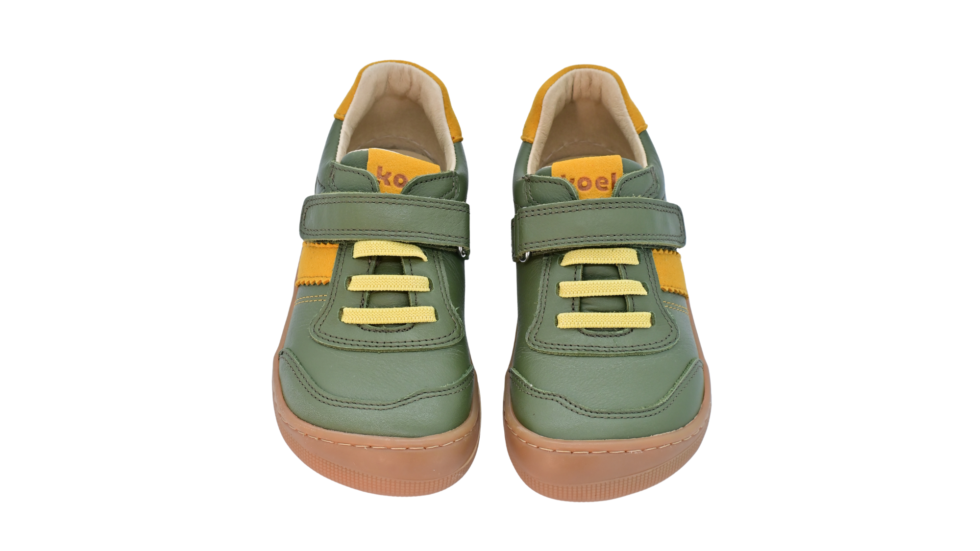 Barfußschuh für Kinder, geschlossene Zehenpartie, geschlossener Fersenbereich, Schnürung, Klettverschluss, seitliche Streifen, flache Sohle, Draufsicht als Paar