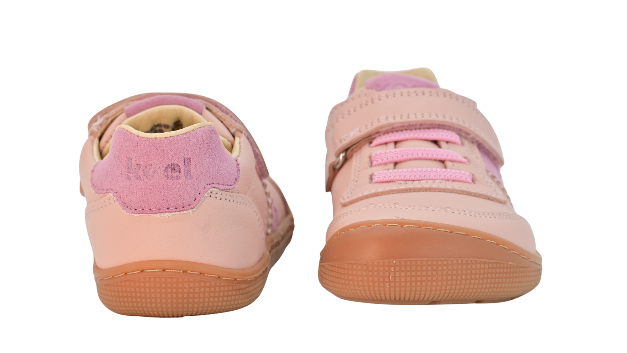 Barfußschuh für Kinder, geschlossene Zehenpartie, geschlossener Fersenbereich, Schnürung, Klettverschluss, seitliche Streifen, flache Sohle, Vorder- und Rückansicht als Paar