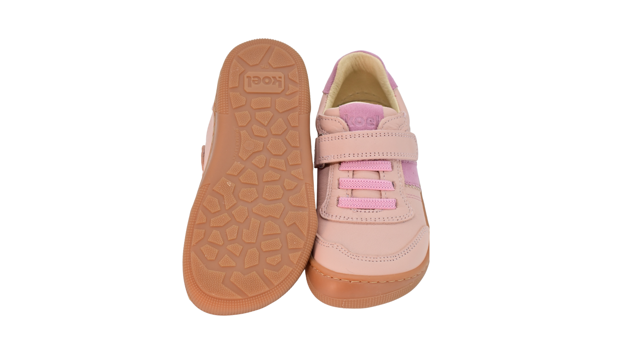 Barfußschuh für Kinder, geschlossene Zehenpartie, geschlossener Fersenbereich, Schnürung, Klettverschluss, seitliche Streifen, flache Sohle, Ansicht von unten und Draufsicht als Paar