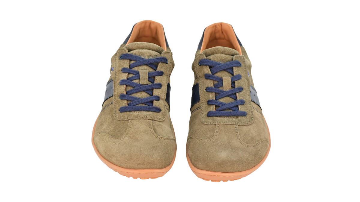 Barfußschuh für Erwachsene, geschlossene Zehenpartie, geschlossener Fersenbereich, Schnürung, seitlicher Streifen mit Perforation, flache Sohle, Draufsicht, Paar