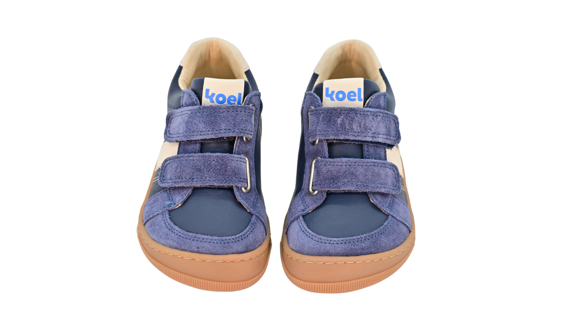 Barfußschuh für Kinder, geschlossene Zehenpartie, geschlossener Fersenbereich, zwei Klettverschlüsse, seitliche Streifen, Ziernähte im Seitenbereich, flache Sohle, Vorderansicht, Paar