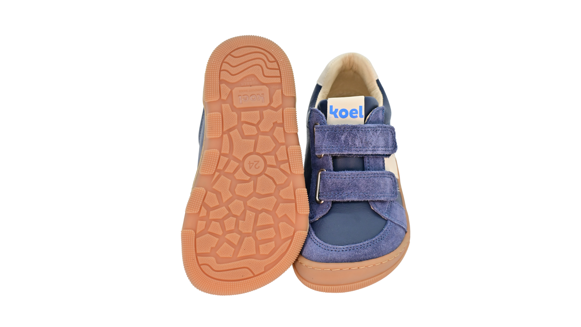 Barfußschuh für Kinder, geschlossene Zehenpartie, geschlossener Fersenbereich, zwei Klettverschlüsse, seitliche Streifen, Ziernähte im Seitenbereich, flache Sohle, Ansicht von unten und Draufsicht, Paar