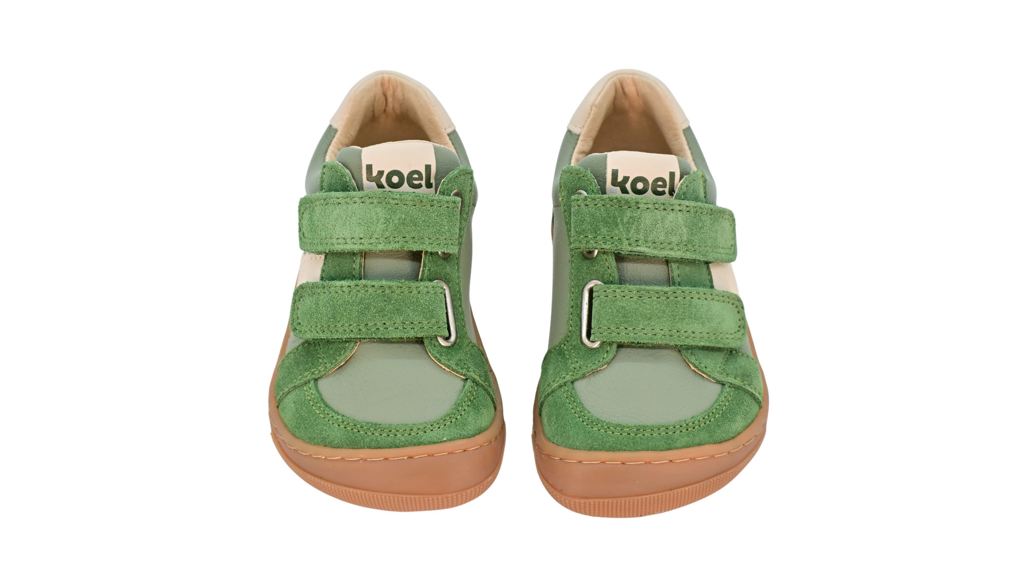 Barfußschuh für Kinder, geschlossene Zehenpartie, geschlossener Fersenbereich, zwei Klettverschlüsse, seitliche Streifen, Ziernähte im Seitenbereich, flache Sohle, Vorderansicht, Paar