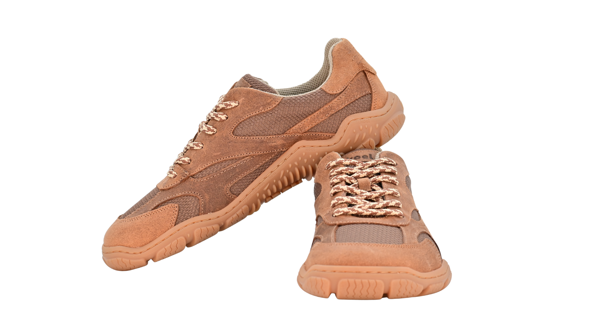 Barfußschuh für Erwachsene, geschlossene Zehenpartie, geschlossener Fersenbereich, Schnürung, textile Einsätze im Seitenbereich, profilierte Sohle, Seiten- und Vorderansicht, Paar