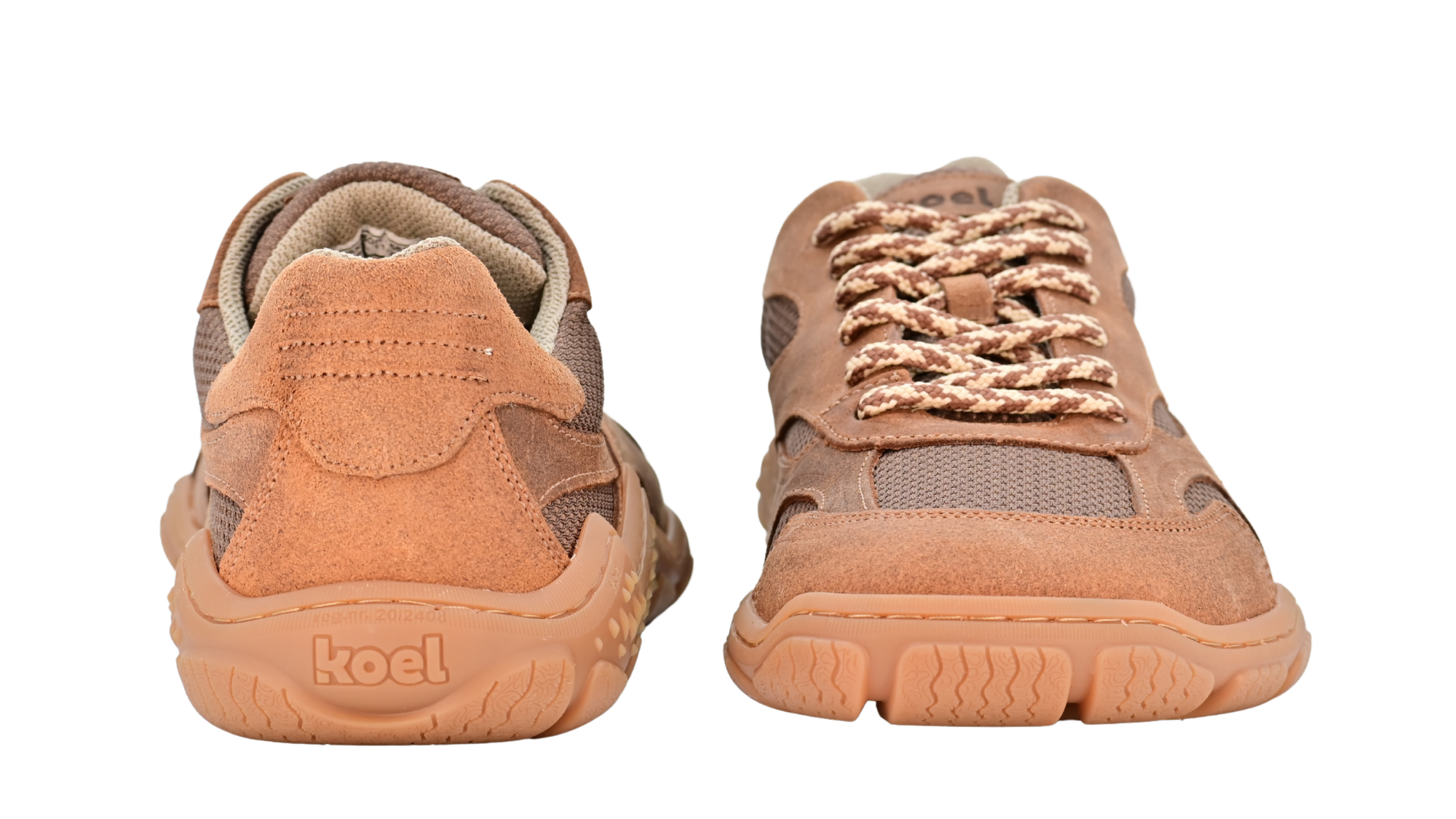 Barfußschuh für Erwachsene, geschlossene Zehenpartie, geschlossener Fersenbereich, Schnürung, textile Einsätze im Seitenbereich, profilierte Sohle, Rück- und Vorderansicht, Paar