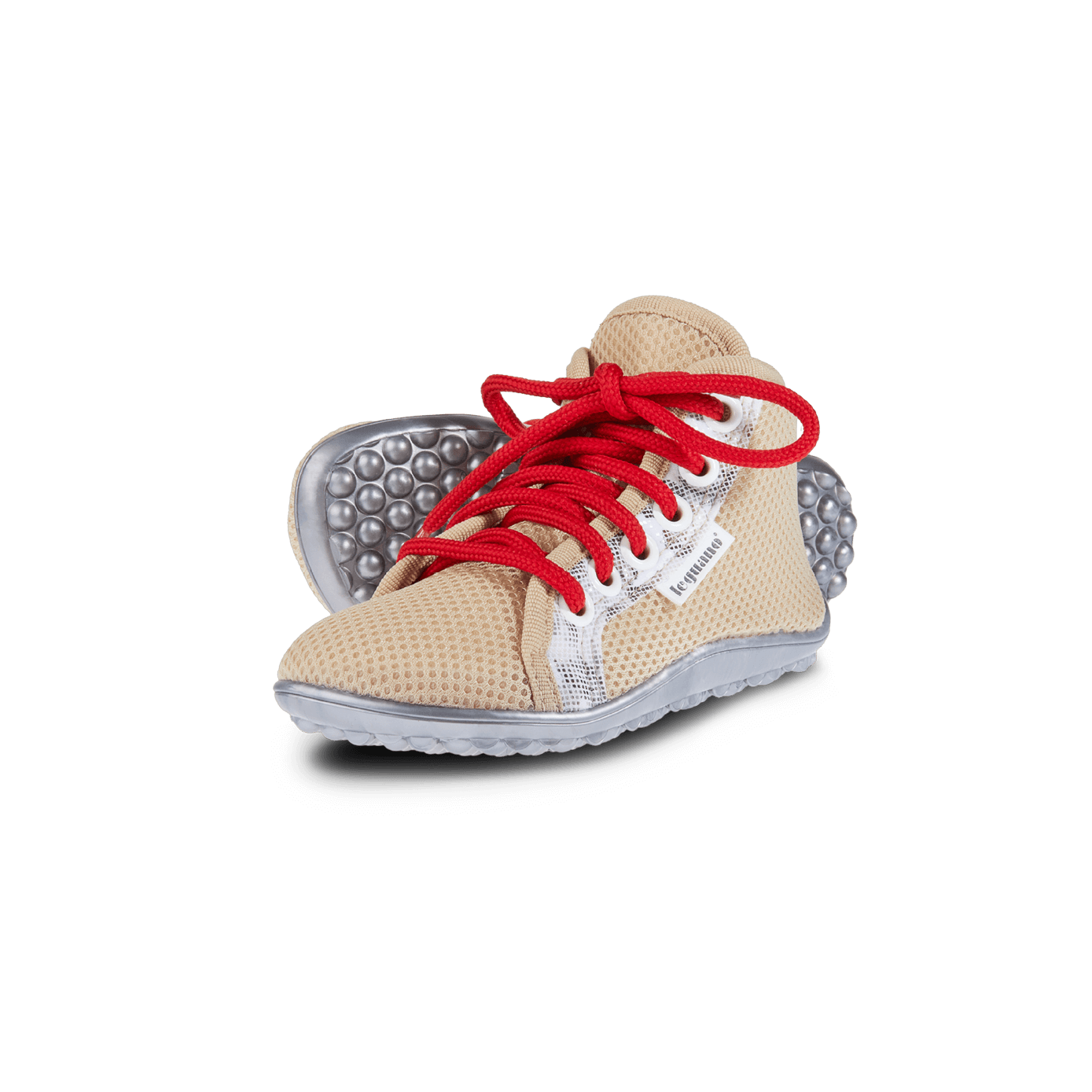 Barfußschuh für Kinder mit Schnürsenkeln, geschlossener Zehenbox und geschlossenem Fersenbereich, flexible profilierte Sohle, schräge Vorderansicht als Paar