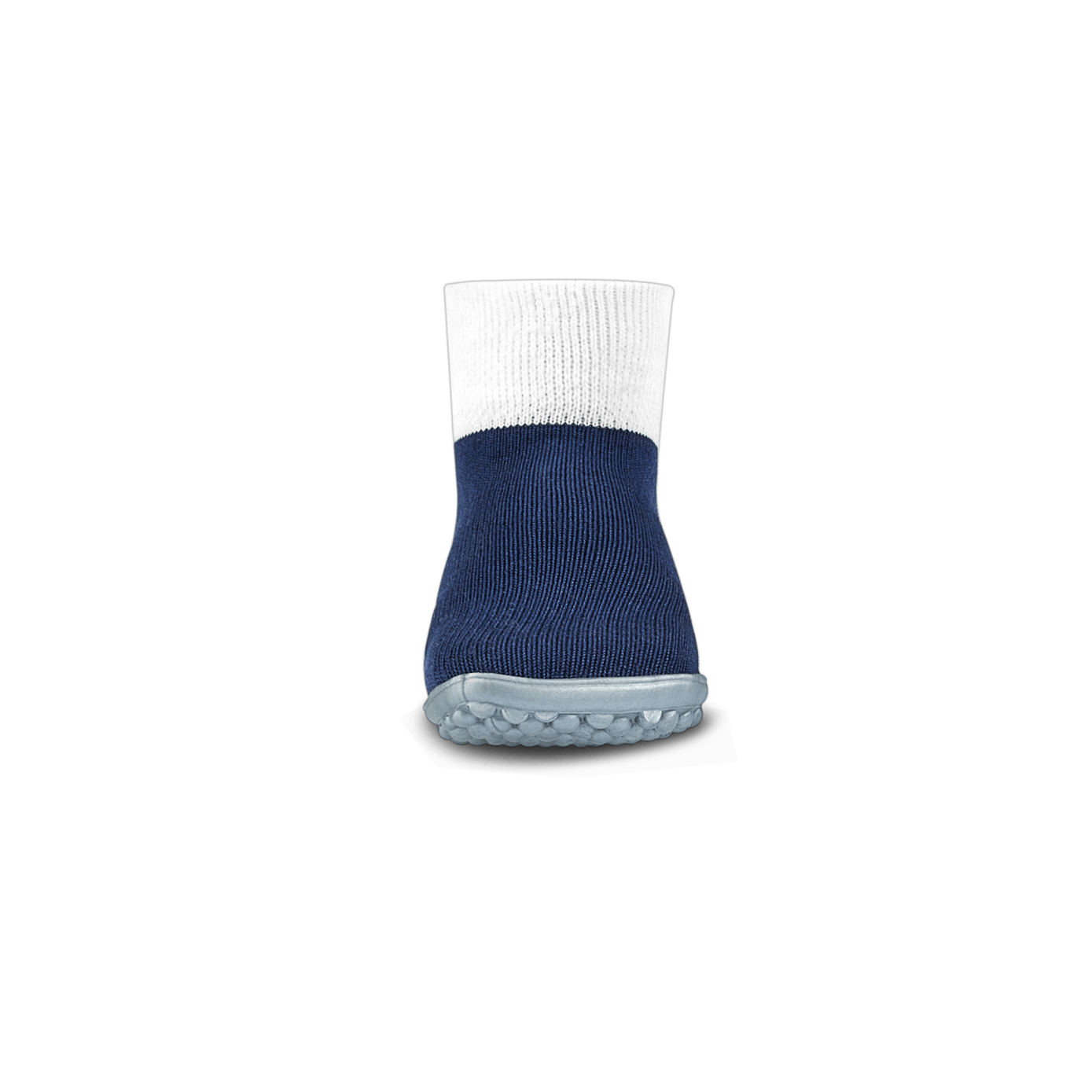Barfußschuh mit geschlossener Zehenbox und geschlossenem Fersenbereich, elastischer Schaft ohne Verschluss, flexible profilierte Sohle, Vorderansicht