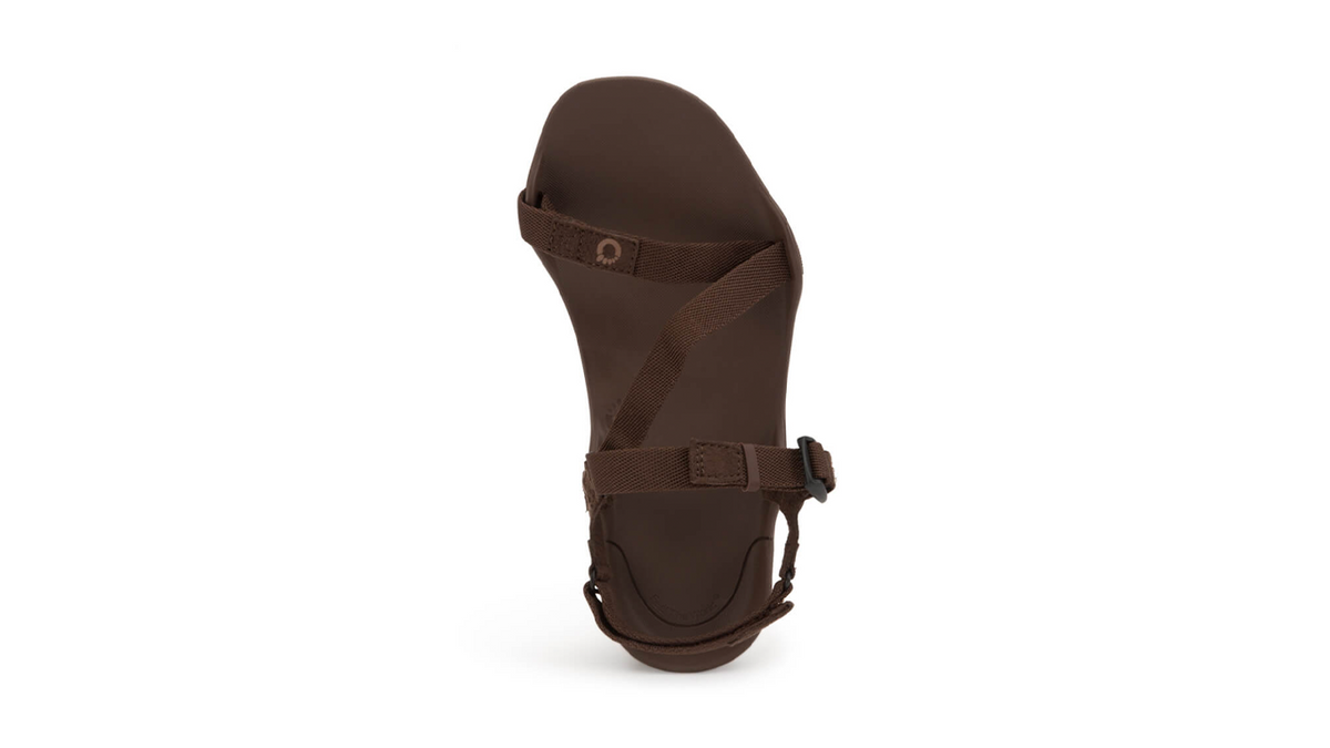 Barfußsandale, offene Zehen und offener Fersenbereich, Riemenkonstruktion mit verstellbaren Riemen, flexible Sohle, Einzelschuh, Draufsicht