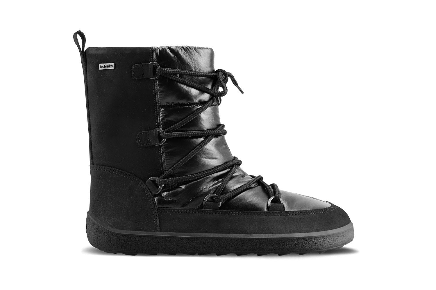 Barfußwinterstiefel für Erwachsene mit breiter Zehenbox, Schnürung, knöchelhohem Schaft, geschlossener Zehenbox und geschlossener Ferse, Seitenansicht außen.